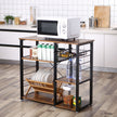 Metal Frame Kitchen Shelf – Metal and Wood – Industrial Style – Multifunctional Storage with Wire Basket and Hooks