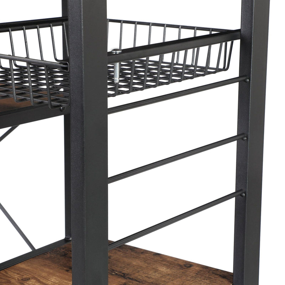 Metal Frame Kitchen Shelf – Metal and Wood – Industrial Style – Multifunctional Storage with Wire Basket and Hooks