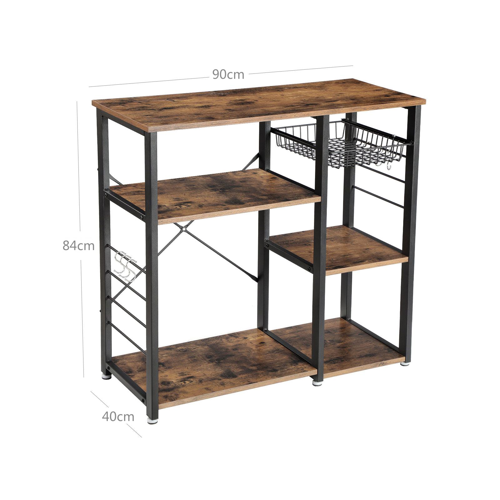 Metal Frame Kitchen Shelf – Metal and Wood – Industrial Style – Multifunctional Storage with Wire Basket and Hooks