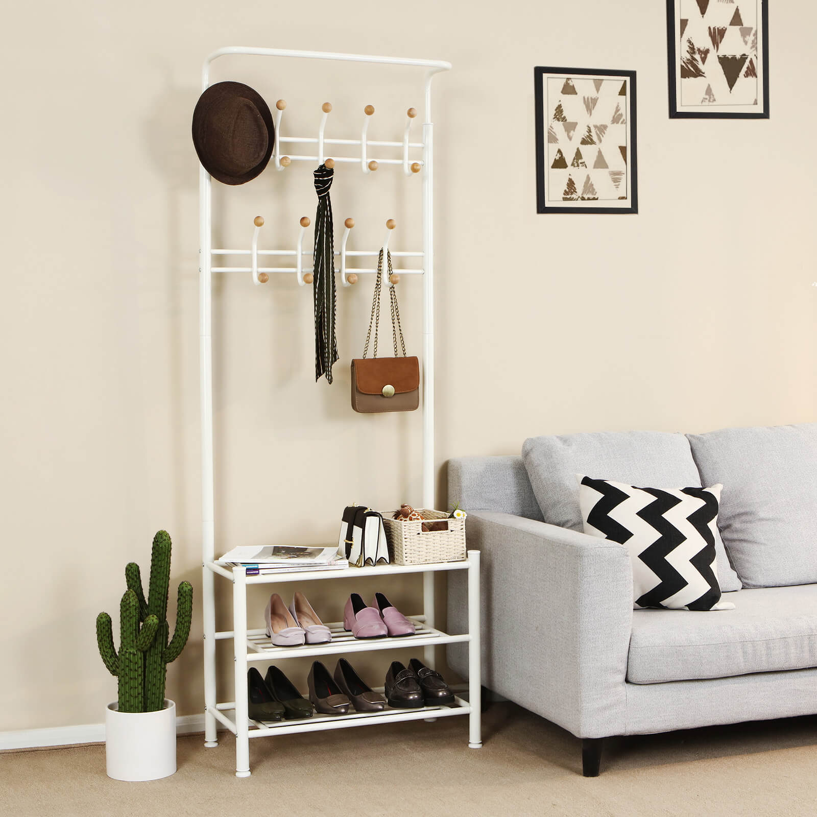Metal Hallway Rack – Metal – Cream – Multifunctional Coat and Shoe Organizer