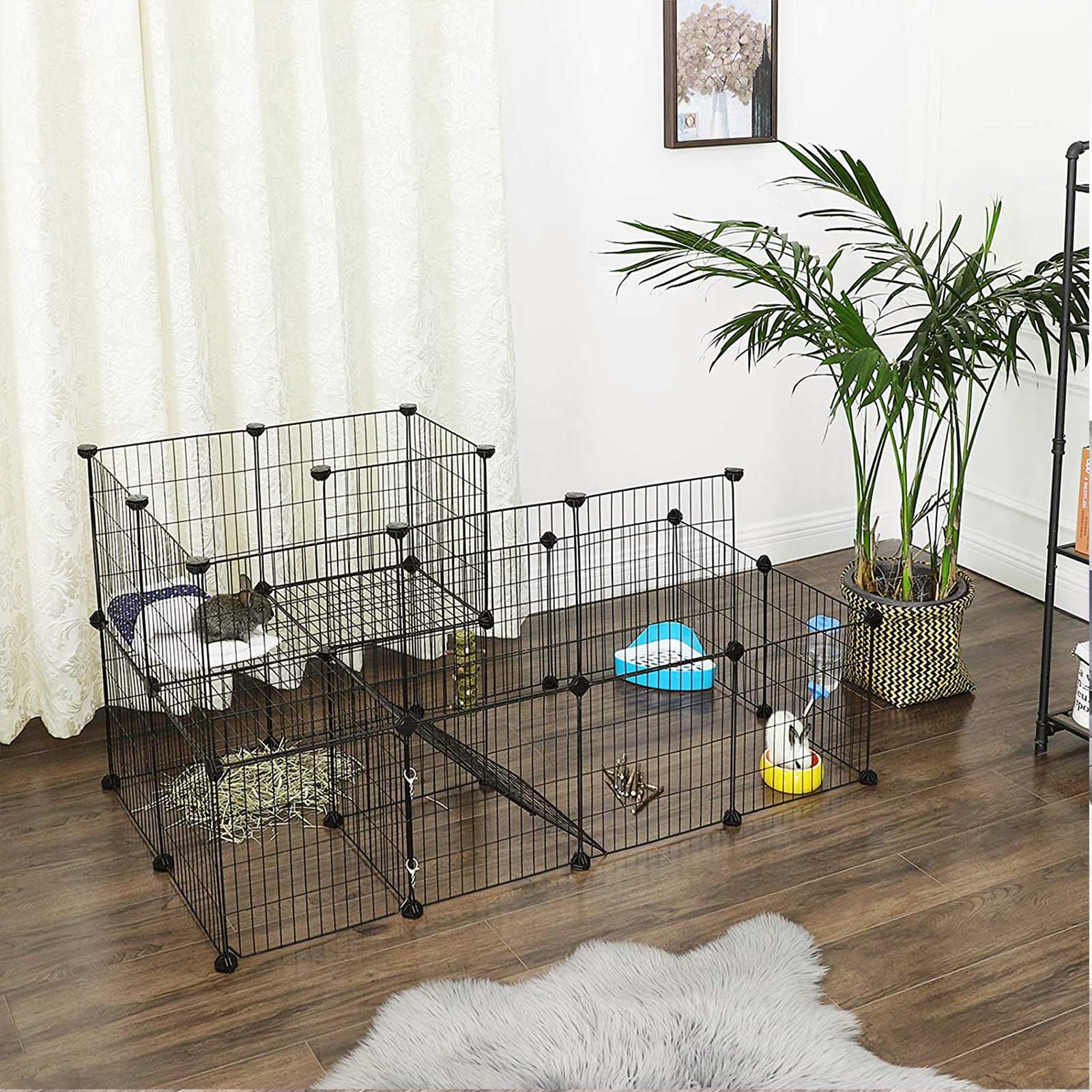 Pet Playpen – Metal Mesh – Black – Customisable Fence with Door for Small Animals