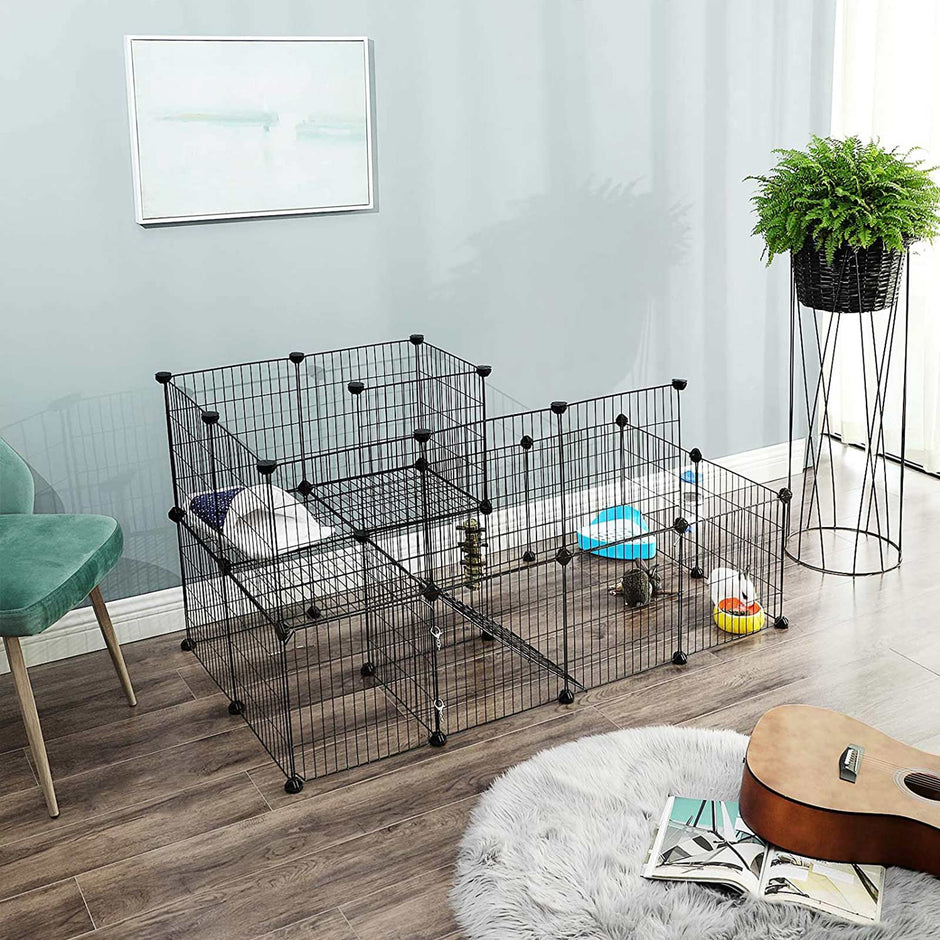 Pet Playpen – Metal Mesh – Black – Customisable Fence with Door for Small Animals
