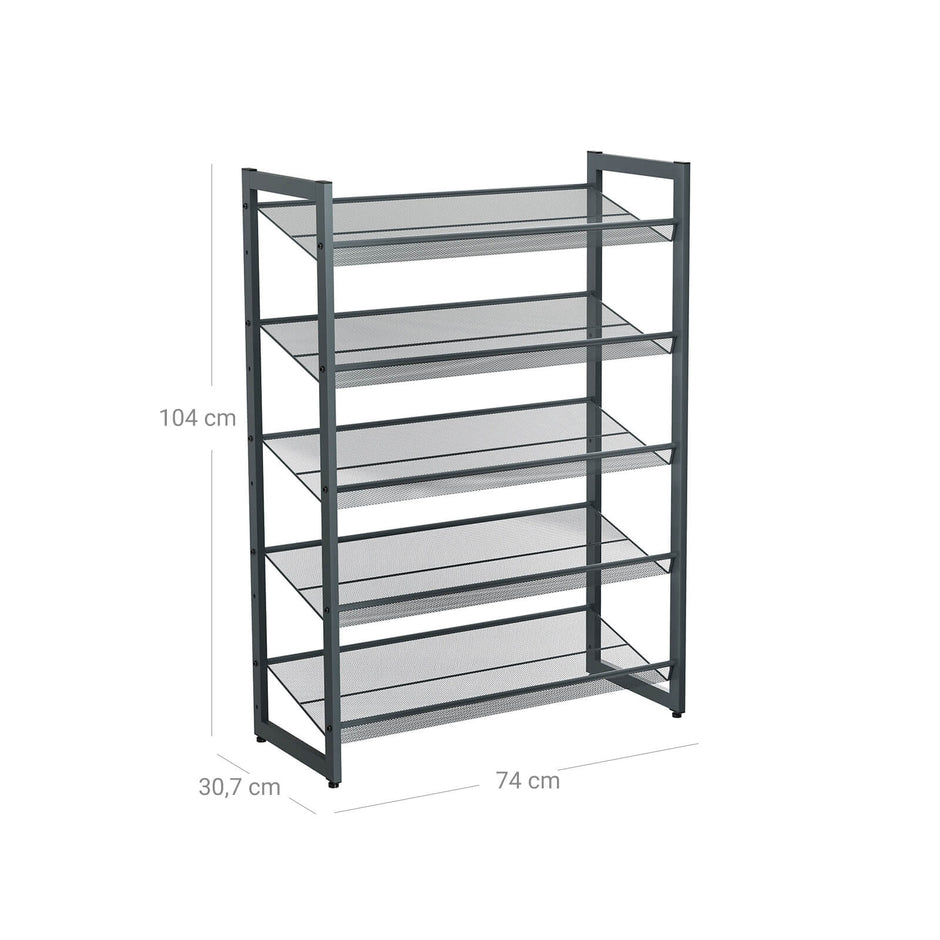 5-Tier Metal Mesh Shoe Rack – Cool Grey – Stackable Design for 15 to 20 Pairs of Shoes