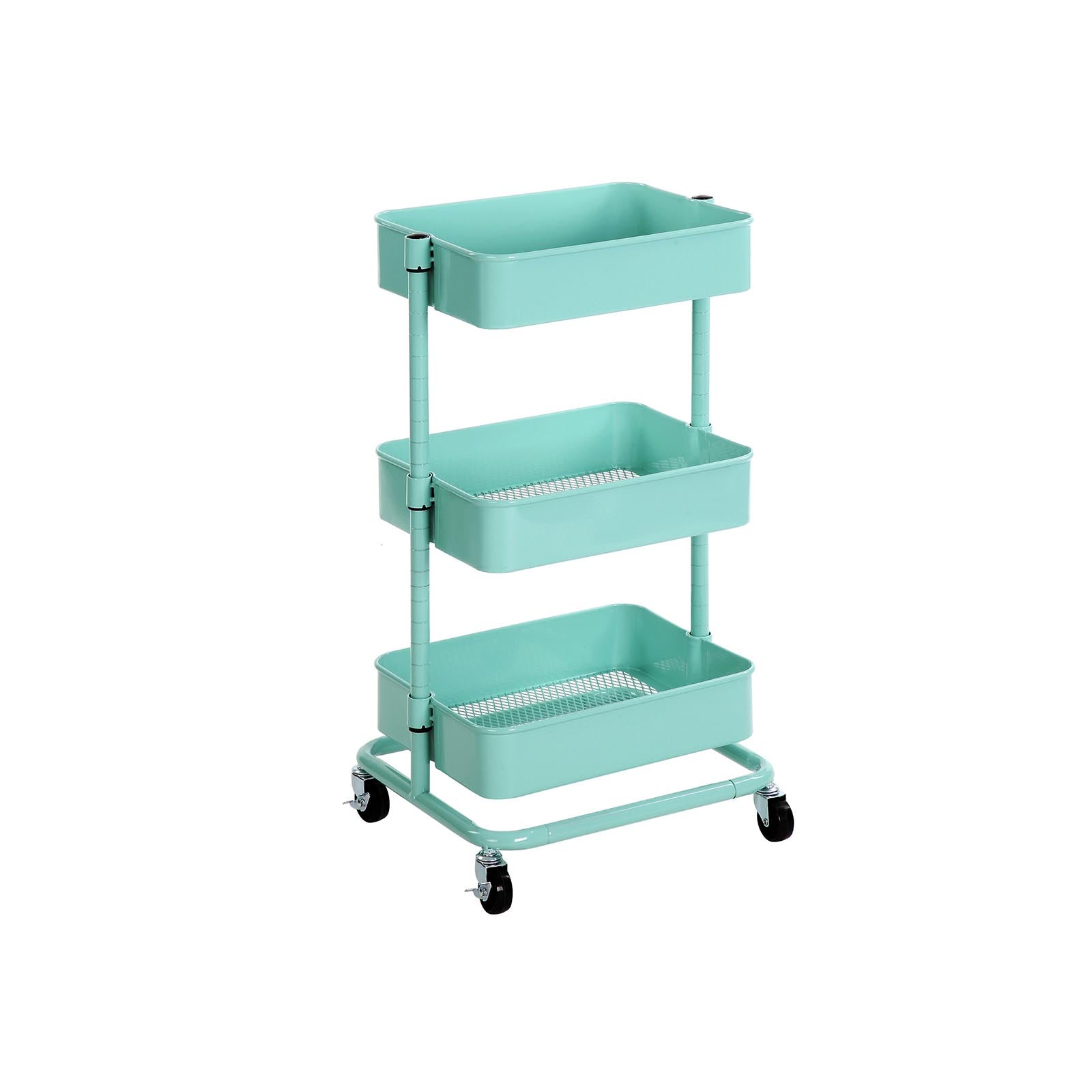 Metal Rolling Cart – Metal – Mint Green – 3-Tier Design with Height Adjustable Shelves and Brakes
