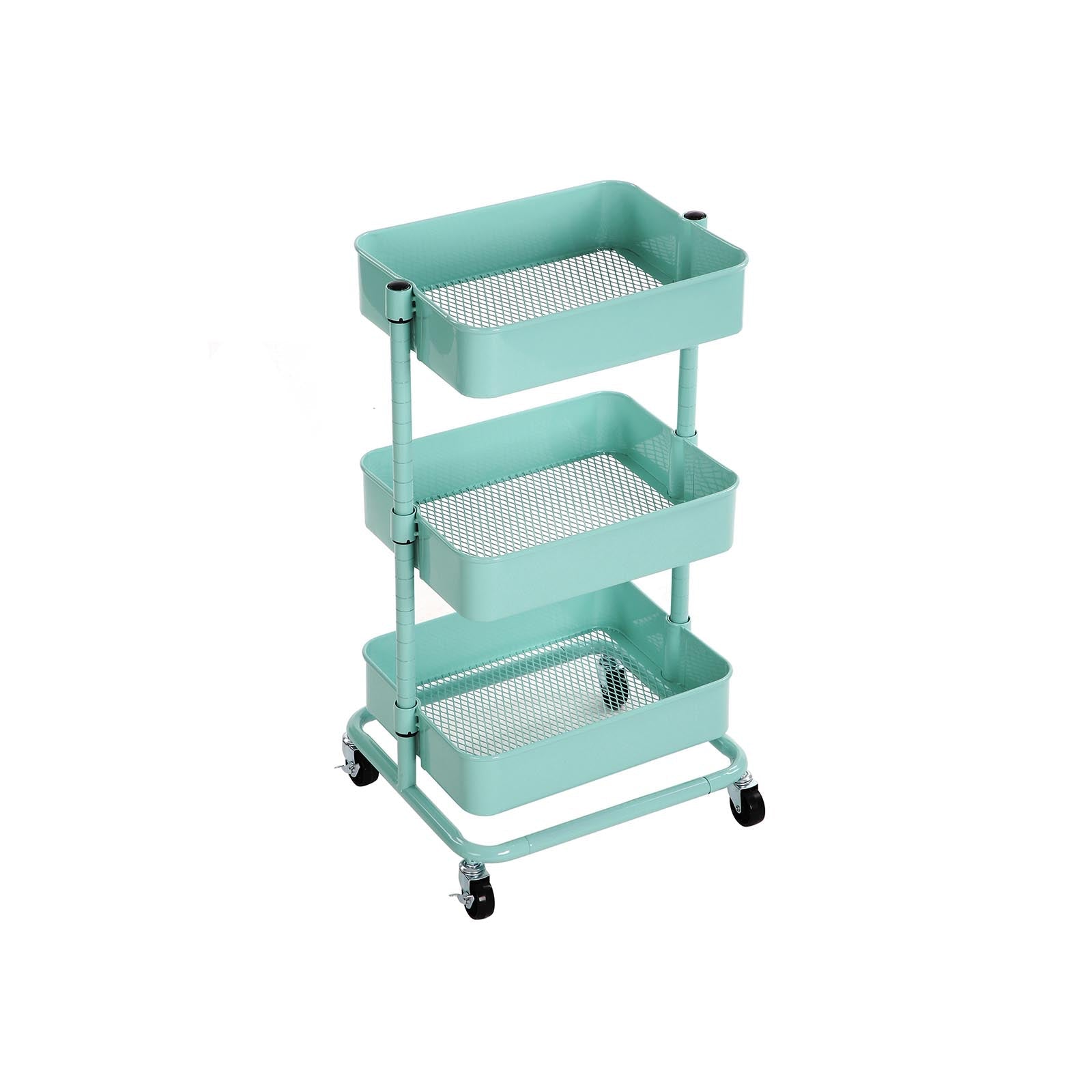 Metal Rolling Cart – Metal – Mint Green – 3-Tier Design with Height Adjustable Shelves and Brakes