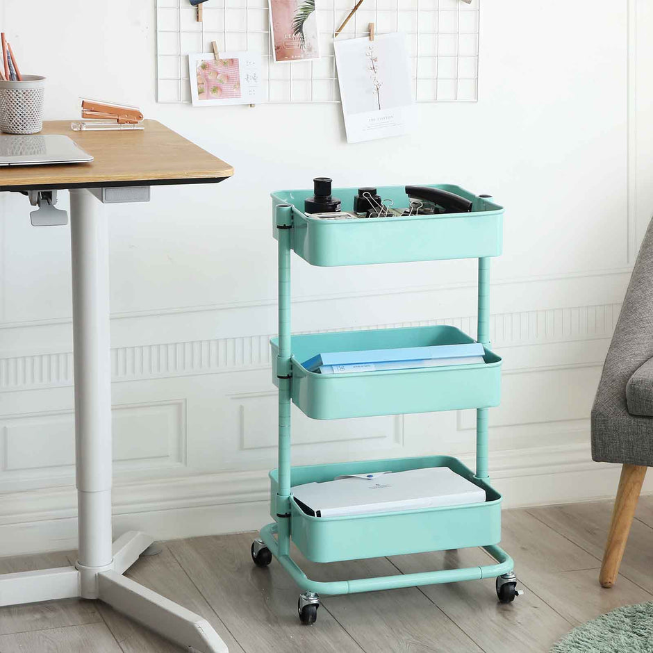 Metal Rolling Cart – Metal – Mint Green – 3-Tier Design with Height Adjustable Shelves and Brakes