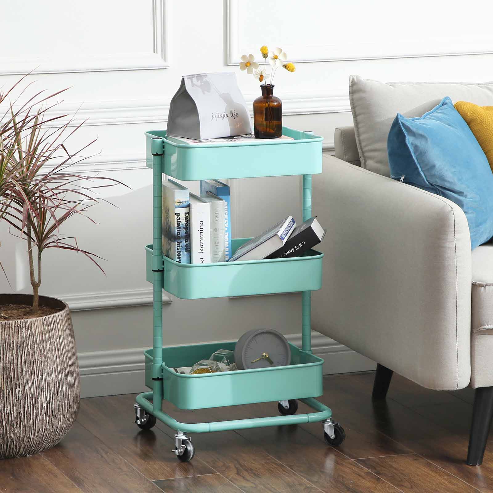 Metal Rolling Cart – Metal – Mint Green – 3-Tier Design with Height Adjustable Shelves and Brakes