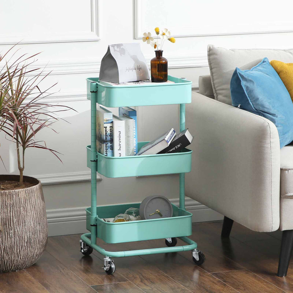 Metal Rolling Cart – Metal – Mint Green – 3-Tier Design with Height Adjustable Shelves and Brakes