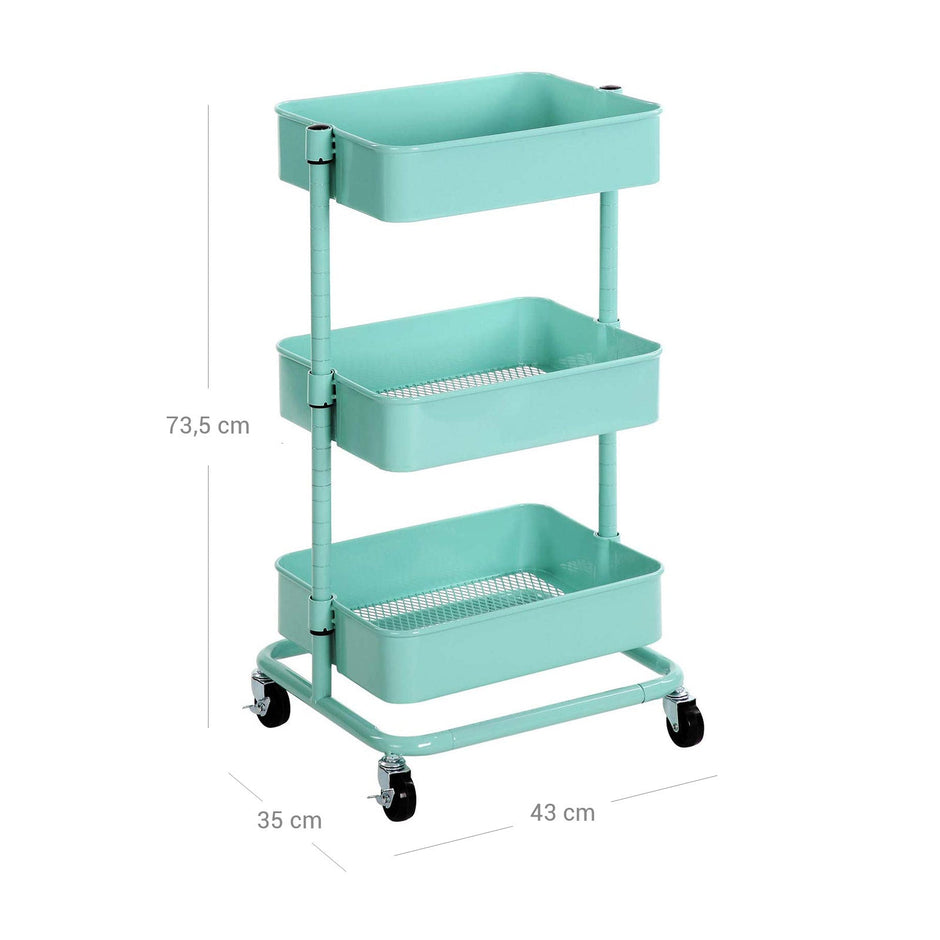 Metal Rolling Cart – Metal – Mint Green – 3-Tier Design with Height Adjustable Shelves and Brakes