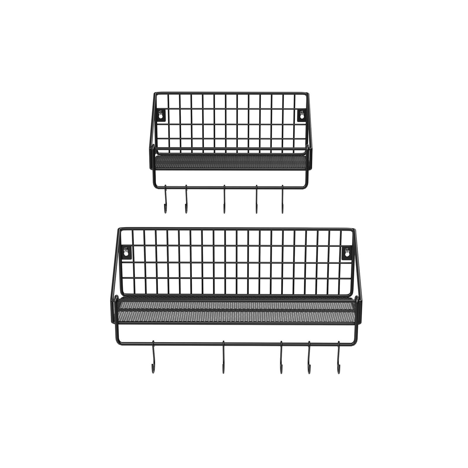 Metal Wall Shelves – Metal – Black – Set of 2 with Hooks, Load Capacity 15 kg