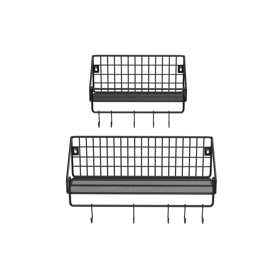 Metal Wall Shelves – Metal – Black – Set of 2 with Hooks, Load Capacity 15 kg