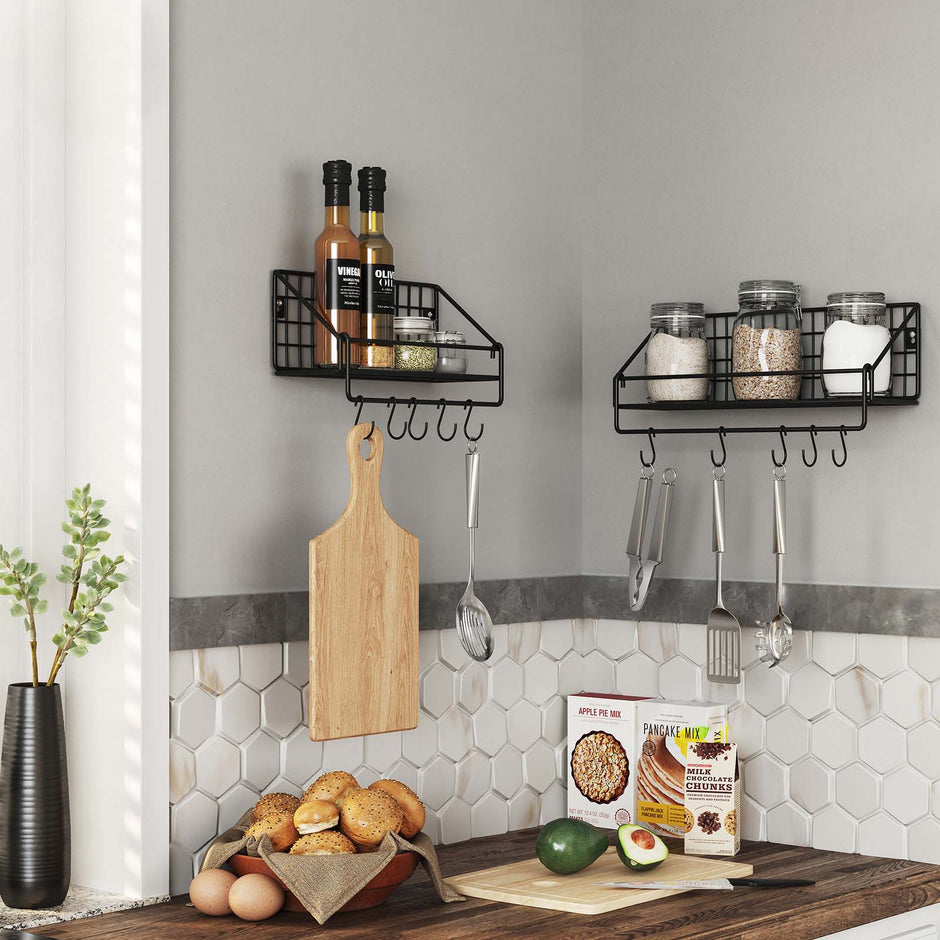 Metal Wall Shelves – Metal – Black – Set of 2 with Hooks, Load Capacity 15 kg