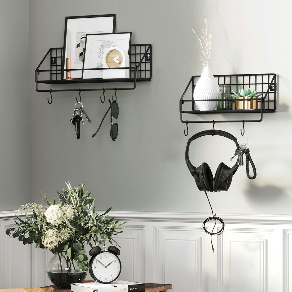 Metal Wall Shelves – Metal – Black – Set of 2 with Hooks, Load Capacity 15 kg