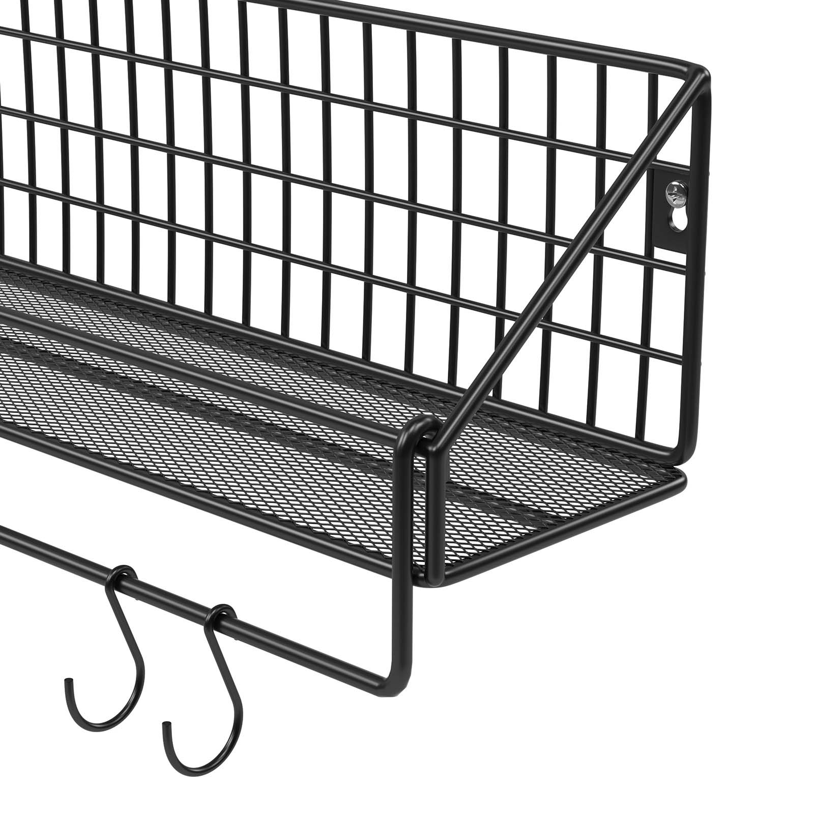 Metal Wall Shelves – Metal – Black – Set of 2 with Hooks, Load Capacity 15 kg
