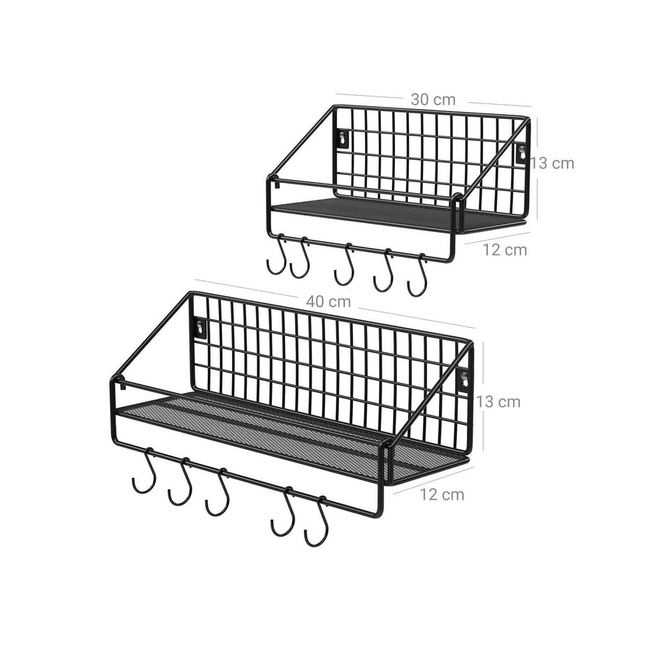 Metal Wall Shelves – Metal – Black – Set of 2 with Hooks, Load Capacity 15 kg