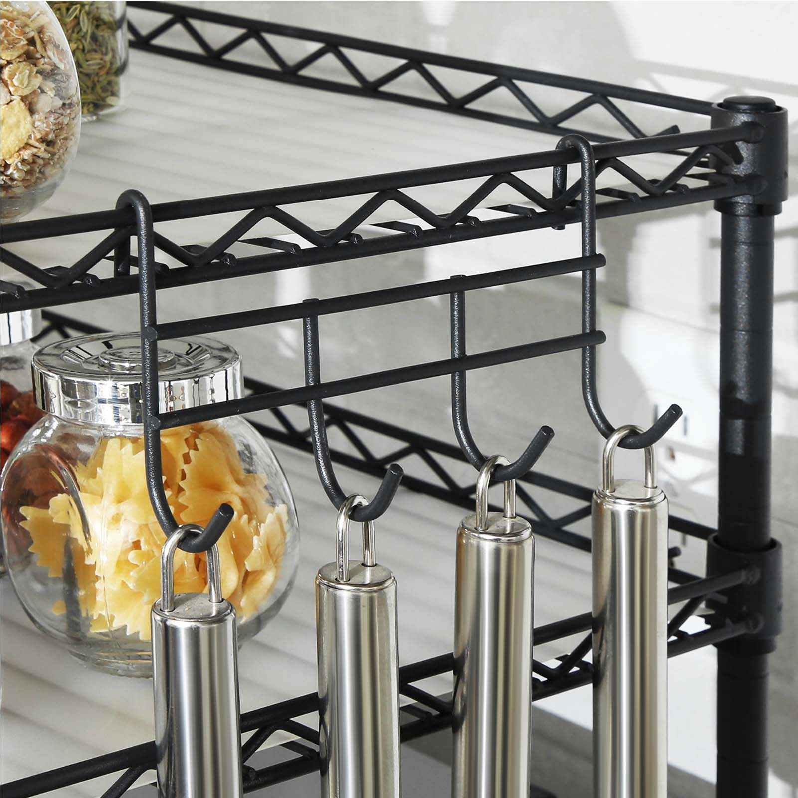 Microwave Oven Rack – Metal – Charcoal Grey – 2-Tier with Adjustable Shelves and Hooks
