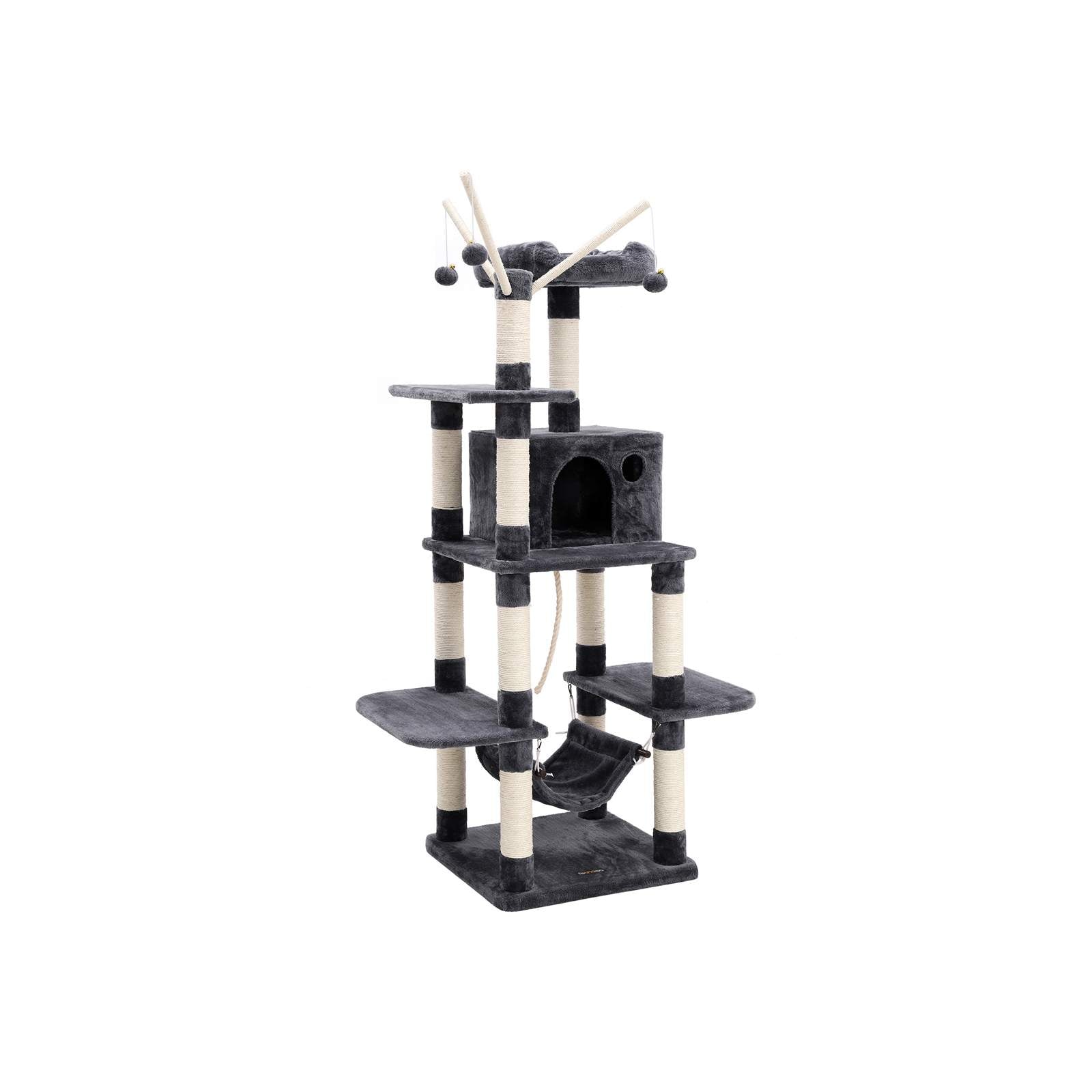 Cat Tree – Engineered Wood – Grey – Multi-Level with Hammock and Scratching Post