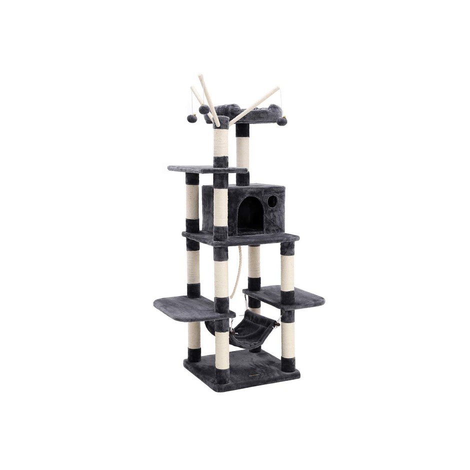 Cat Tree – Engineered Wood – Grey – Multi-Level with Hammock and Scratching Post