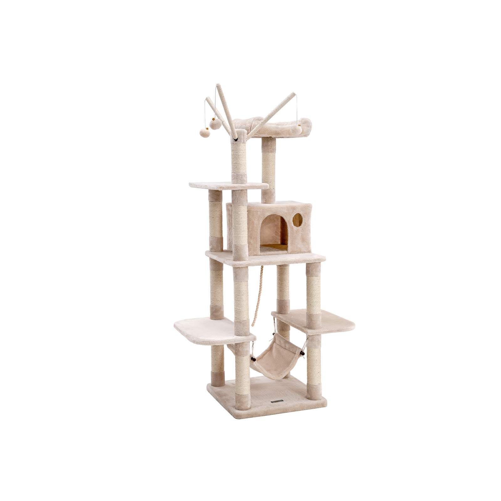Cat Tree – Engineered Wood – Grey – Multi-Level with Hammock and Scratching Post