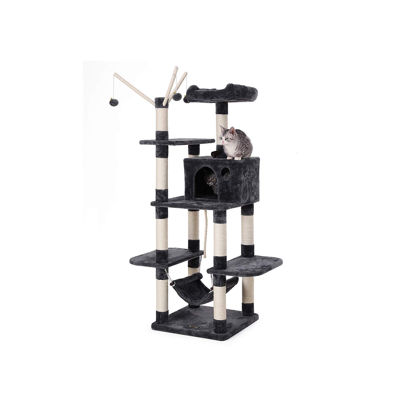 Cat Tree – Engineered Wood – Grey – Multi-Level with Hammock and Scratching Post