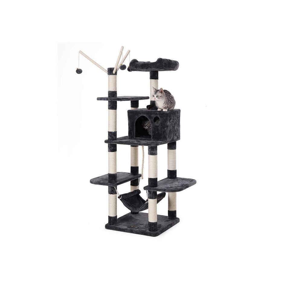 Cat Tree – Engineered Wood – Grey – Multi-Level with Hammock and Scratching Post