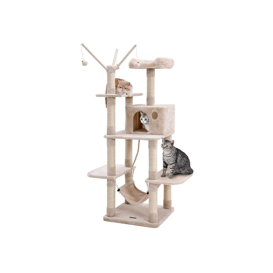 Cat Tree – Engineered Wood – Grey – Multi-Level with Hammock and Scratching Post