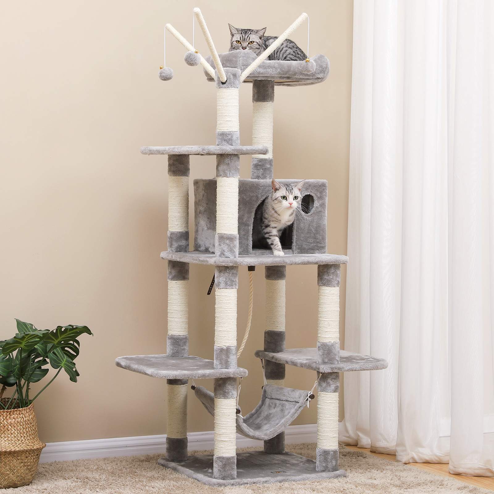 Cat Tree – Wood – Light Grey – Hammock and Scratching Post