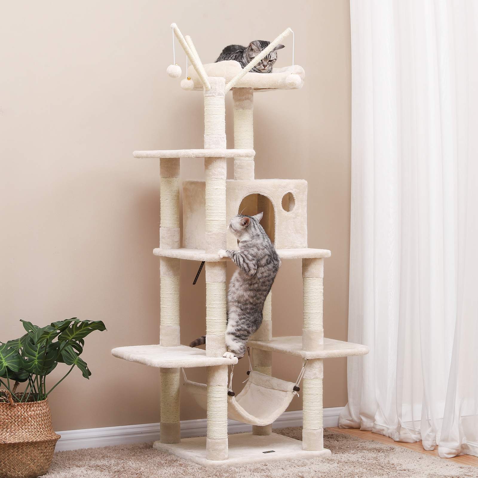Cat Tree – Engineered Wood – Grey – Multi-Level with Hammock and Scratching Post
