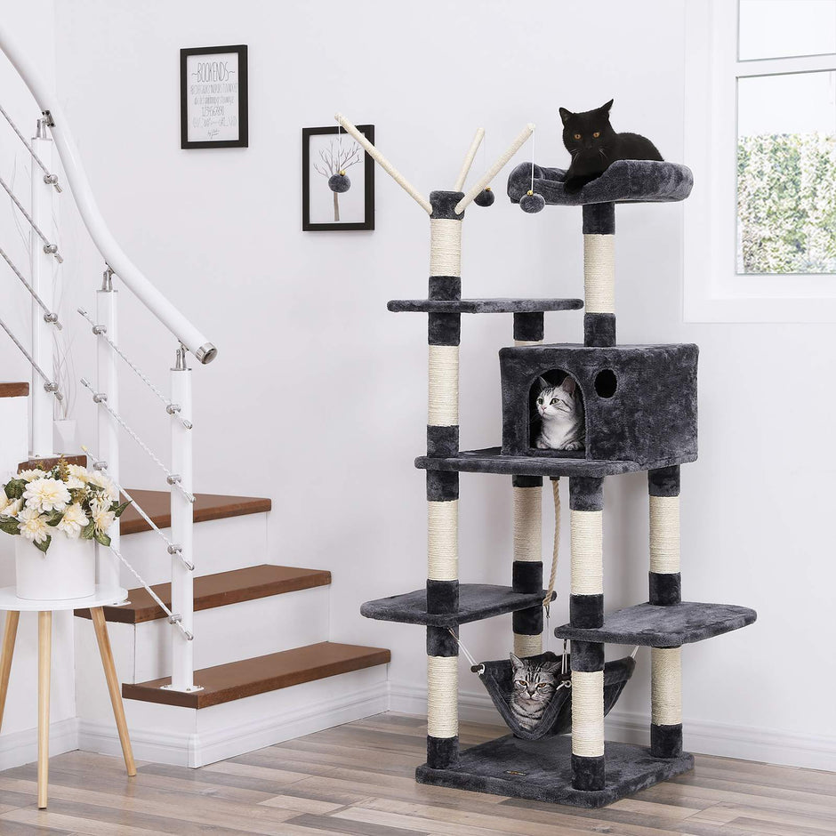 Cat Tree – Engineered Wood – Grey – Multi-Level with Hammock and Scratching Post
