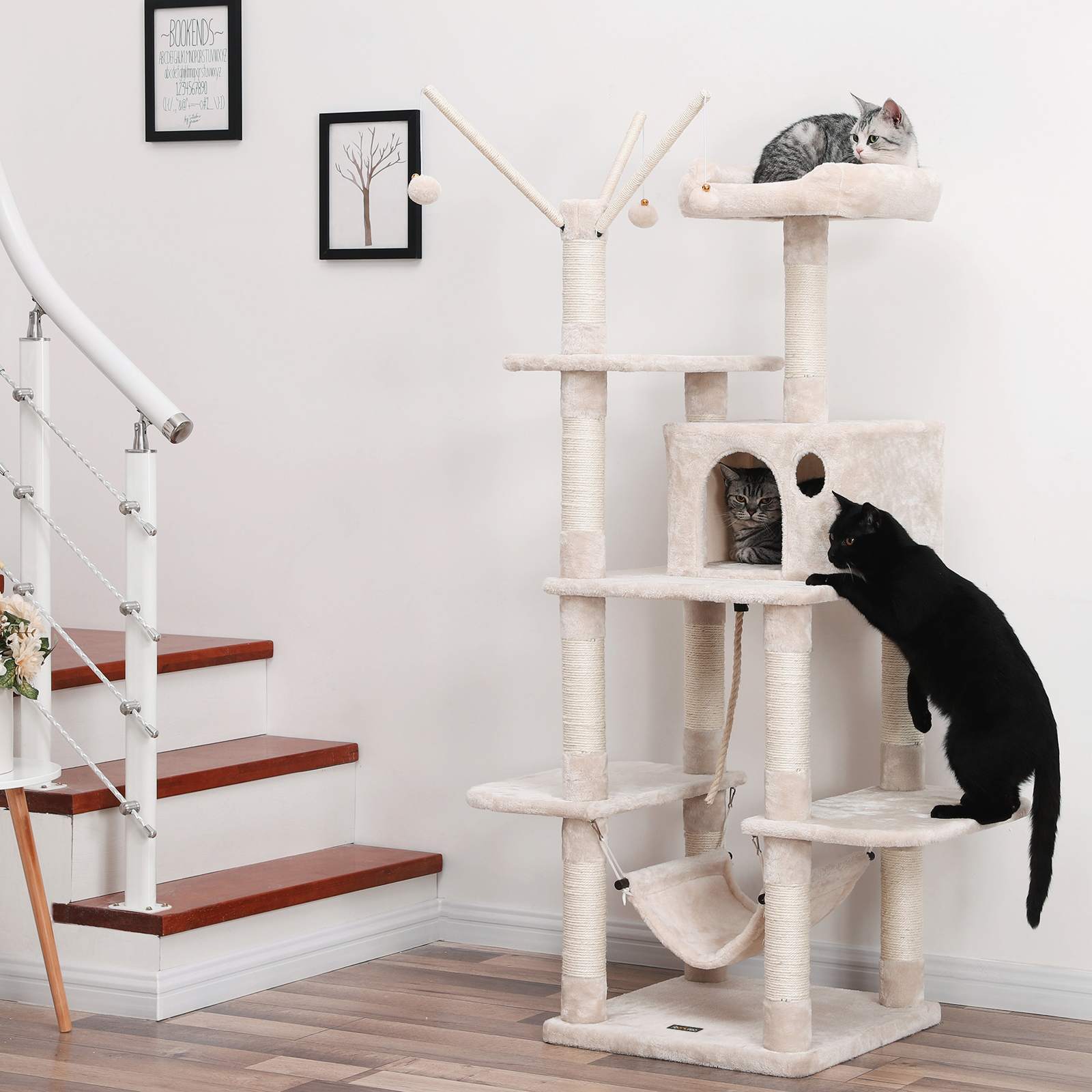 Cat Tree – Engineered Wood – Grey – Multi-Level with Hammock and Scratching Post