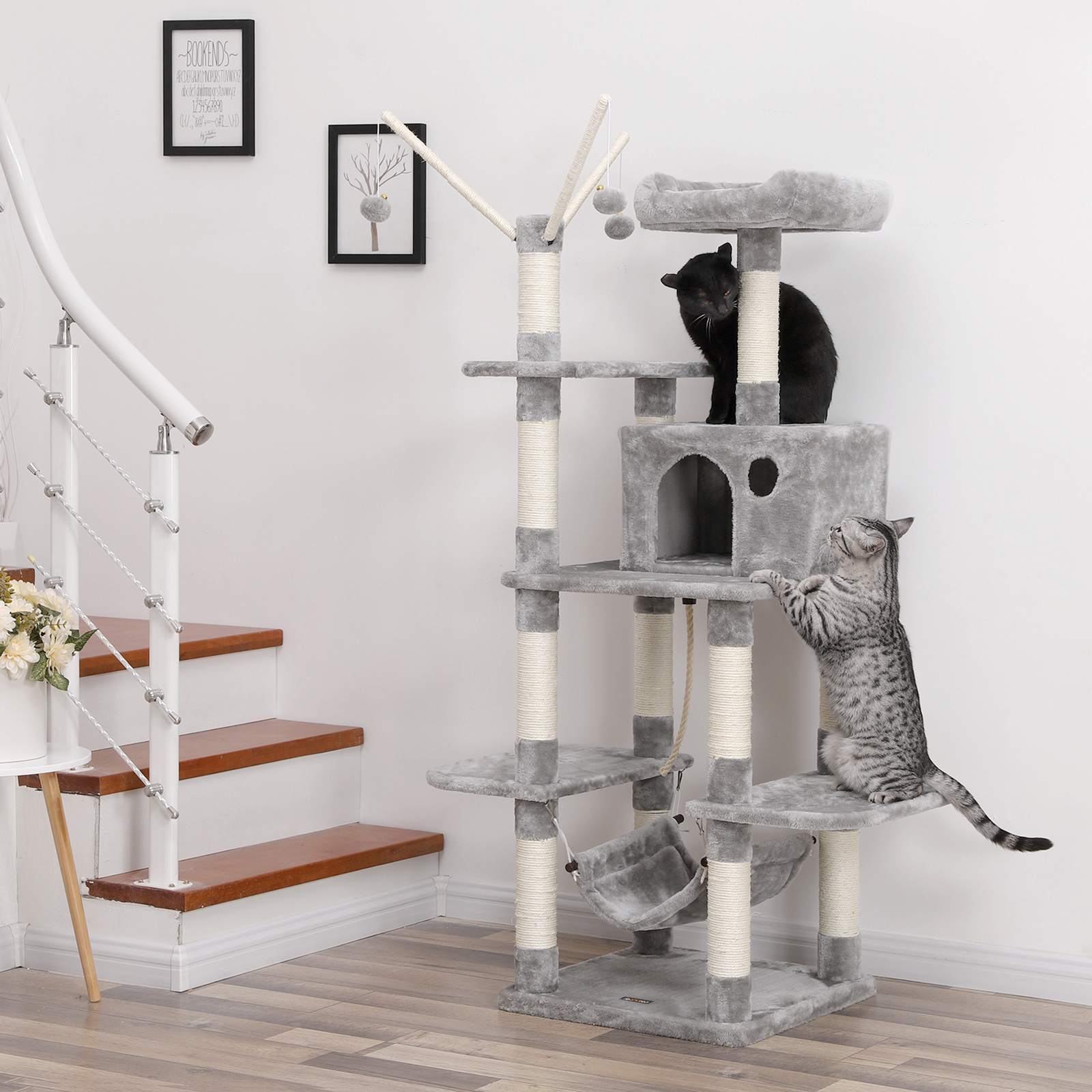 Cat Tree – Wood – Light Grey – Hammock and Scratching Post