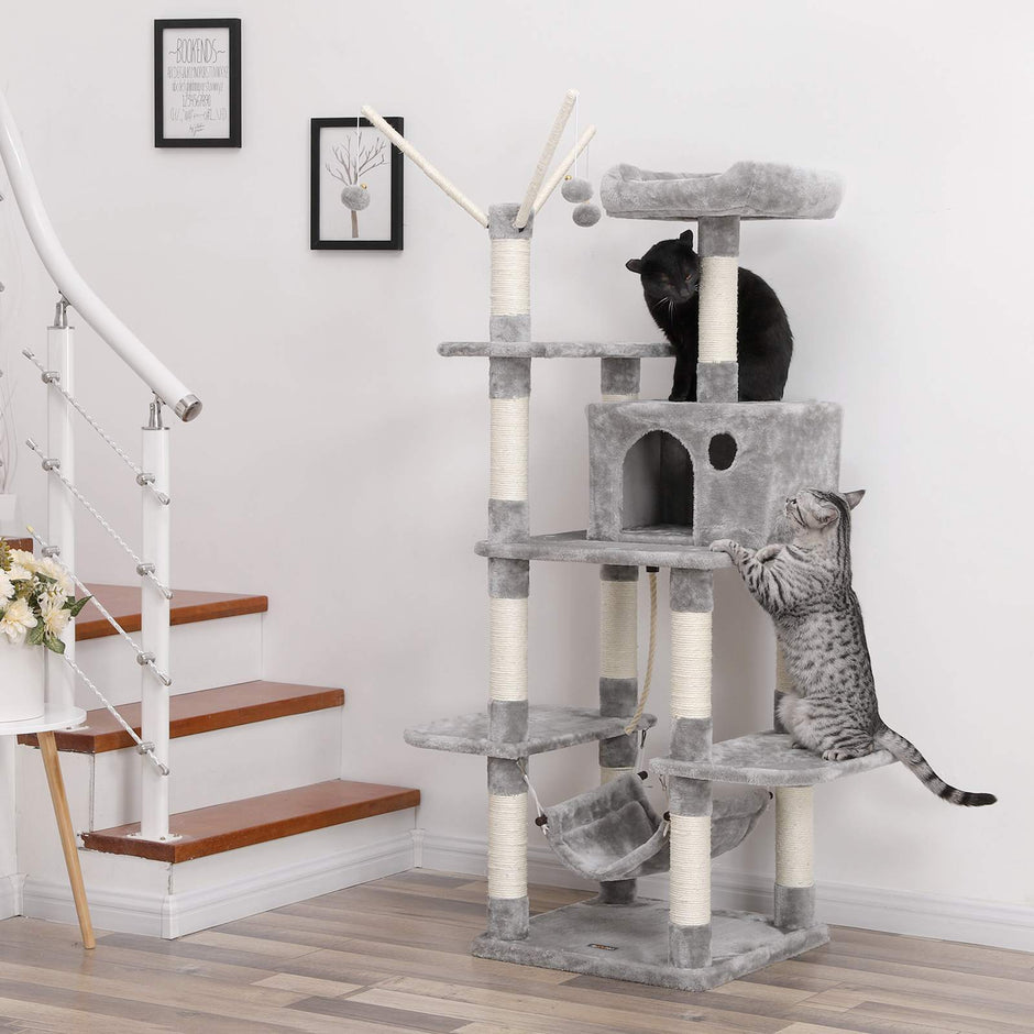 Cat Tree – Wood – Light Grey – Hammock and Scratching Post