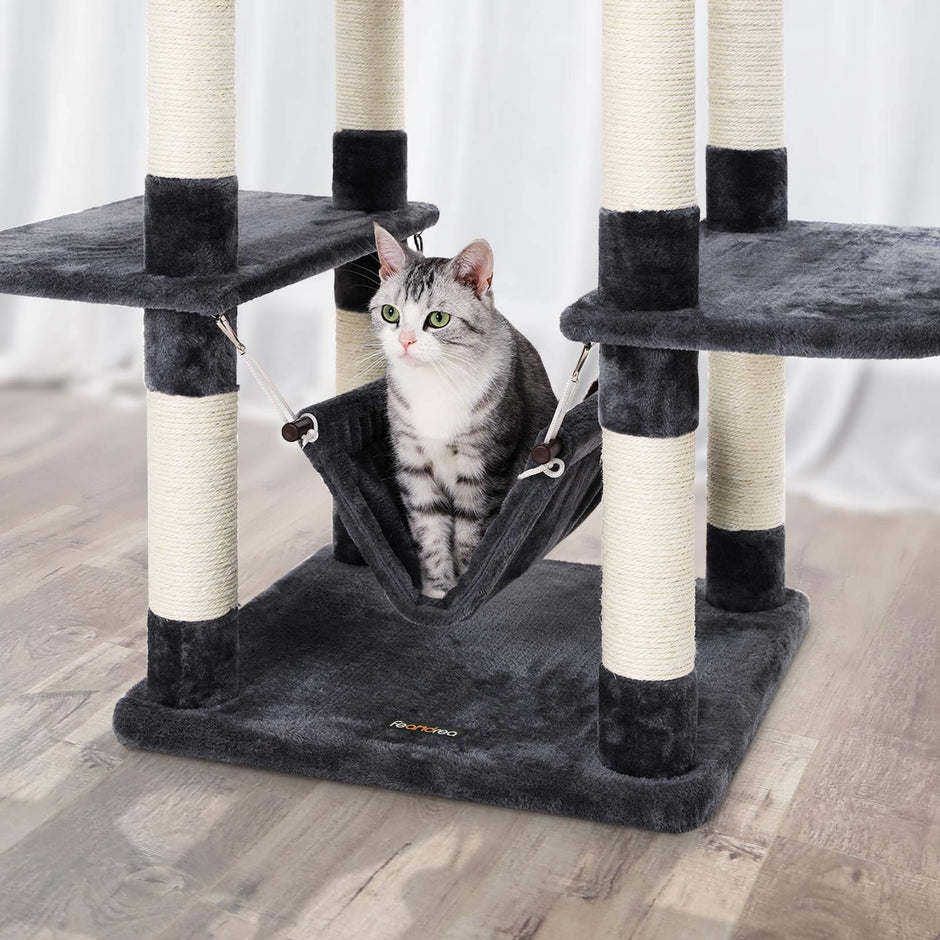 Cat Tree – Engineered Wood – Grey – Multi-Level with Hammock and Scratching Post