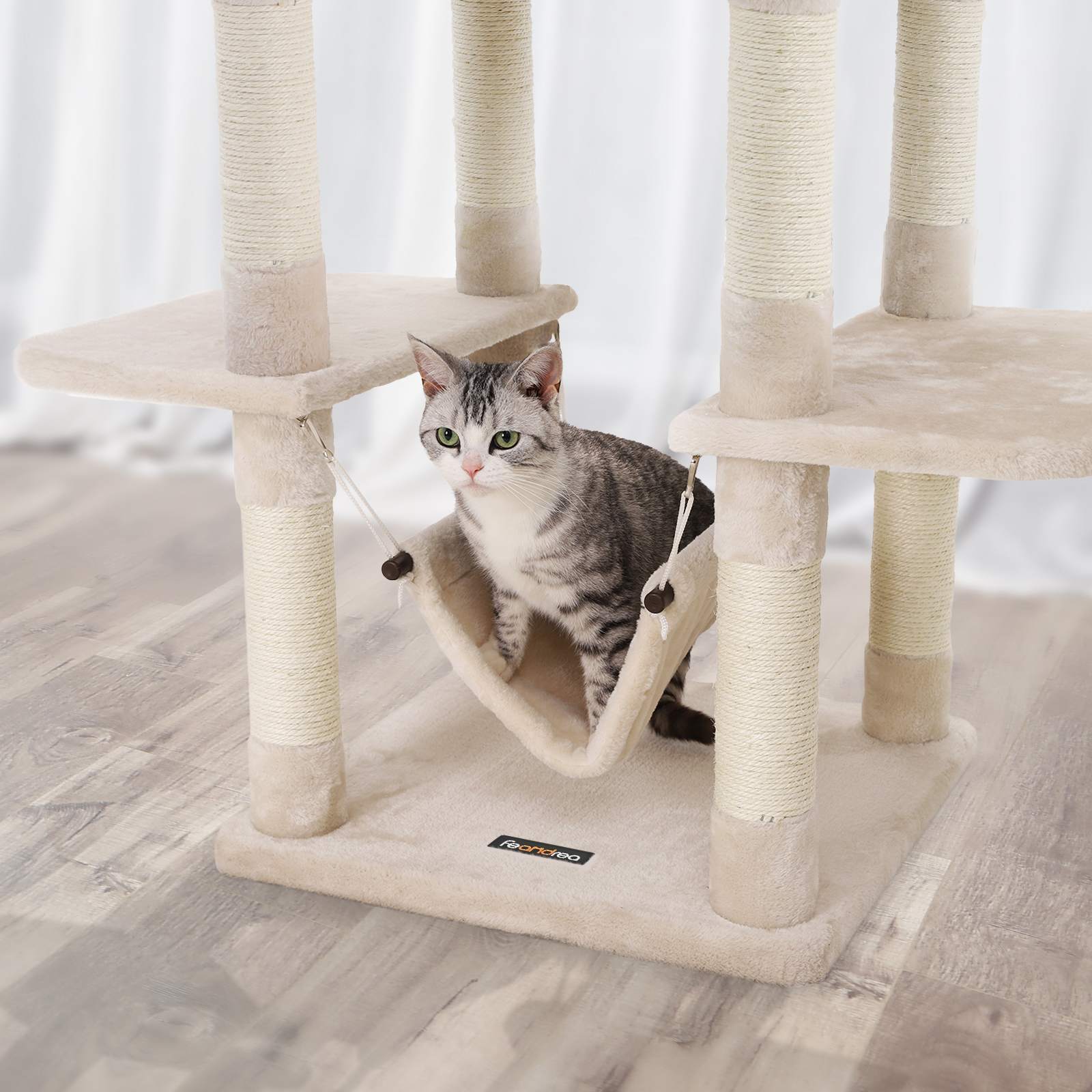 Cat Tree – Engineered Wood – Grey – Multi-Level with Hammock and Scratching Post