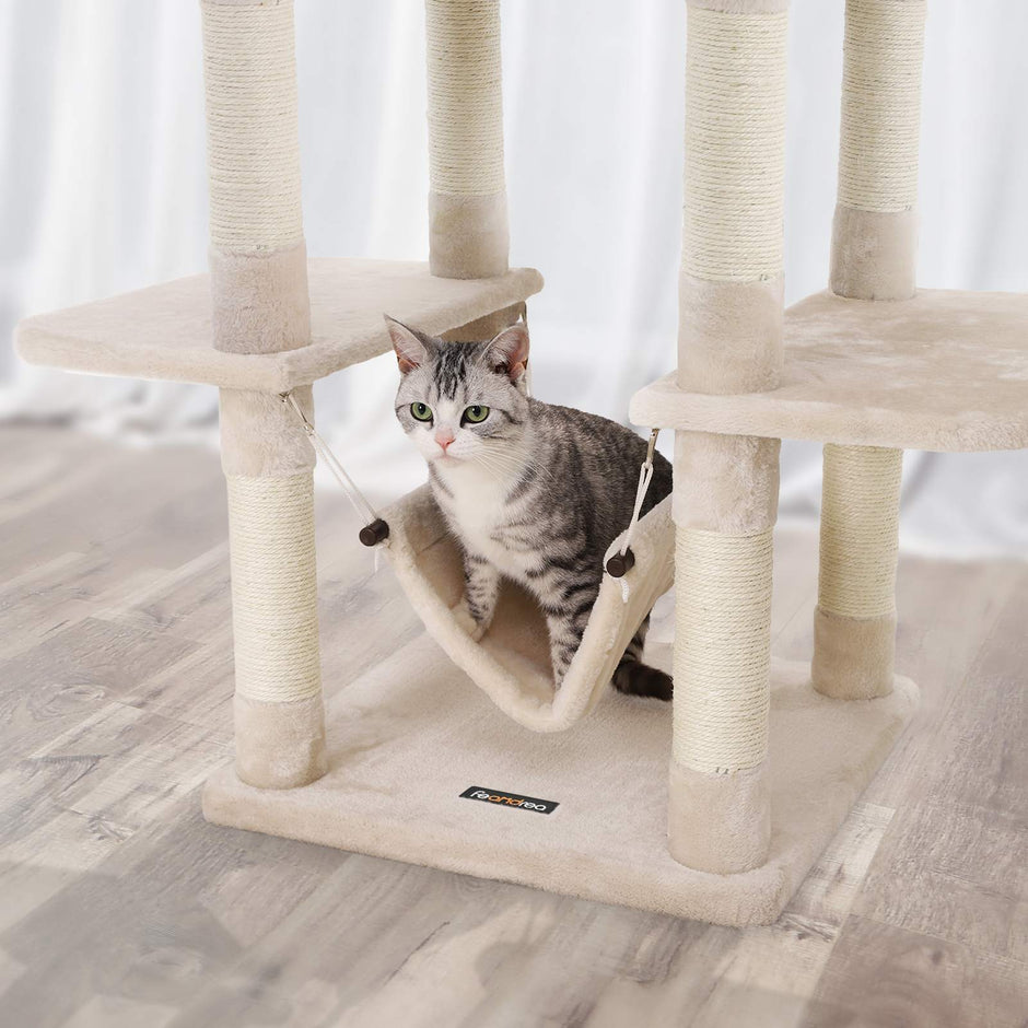 Cat Tree – Engineered Wood – Grey – Multi-Level with Hammock and Scratching Post