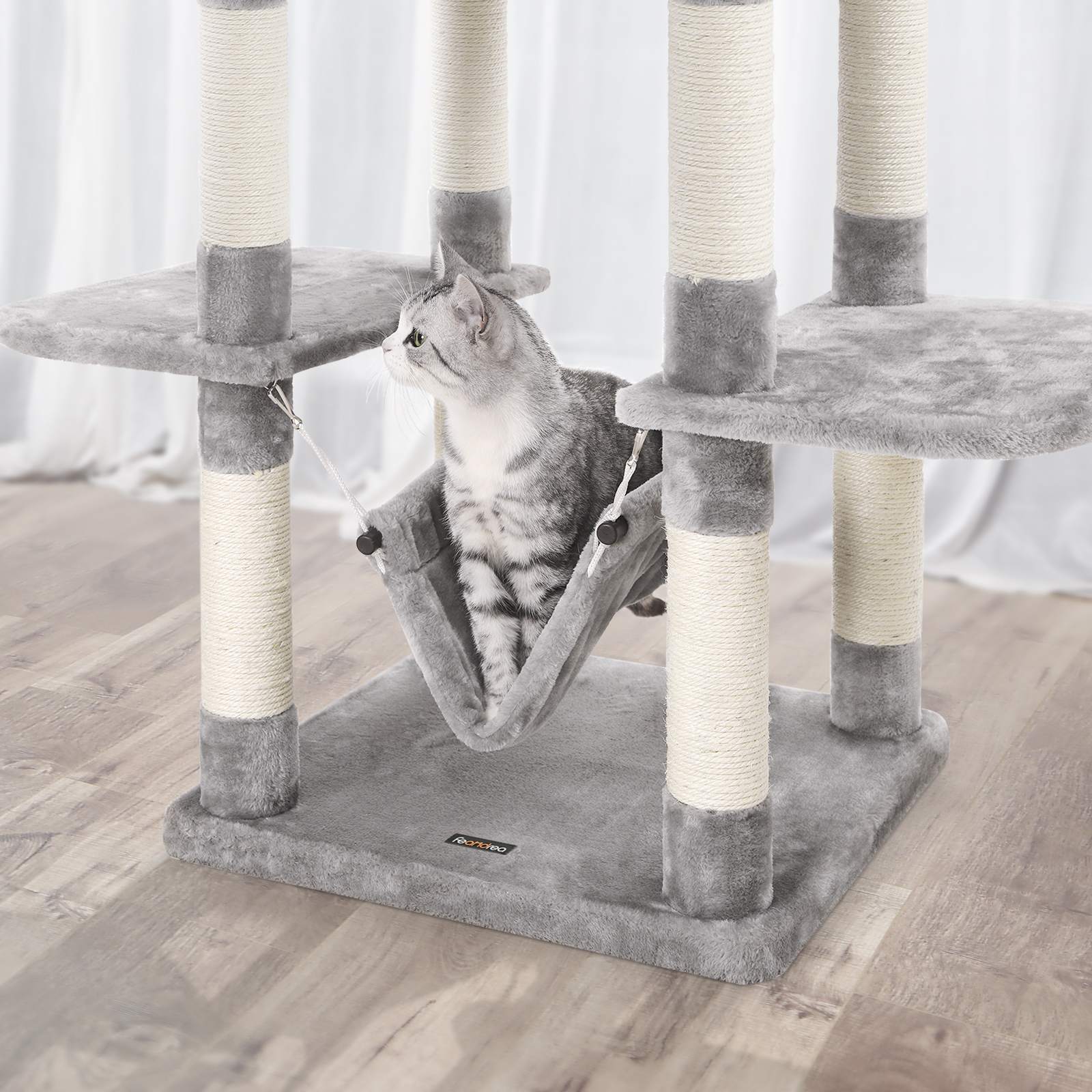 Cat Tree – Wood – Light Grey – Hammock and Scratching Post