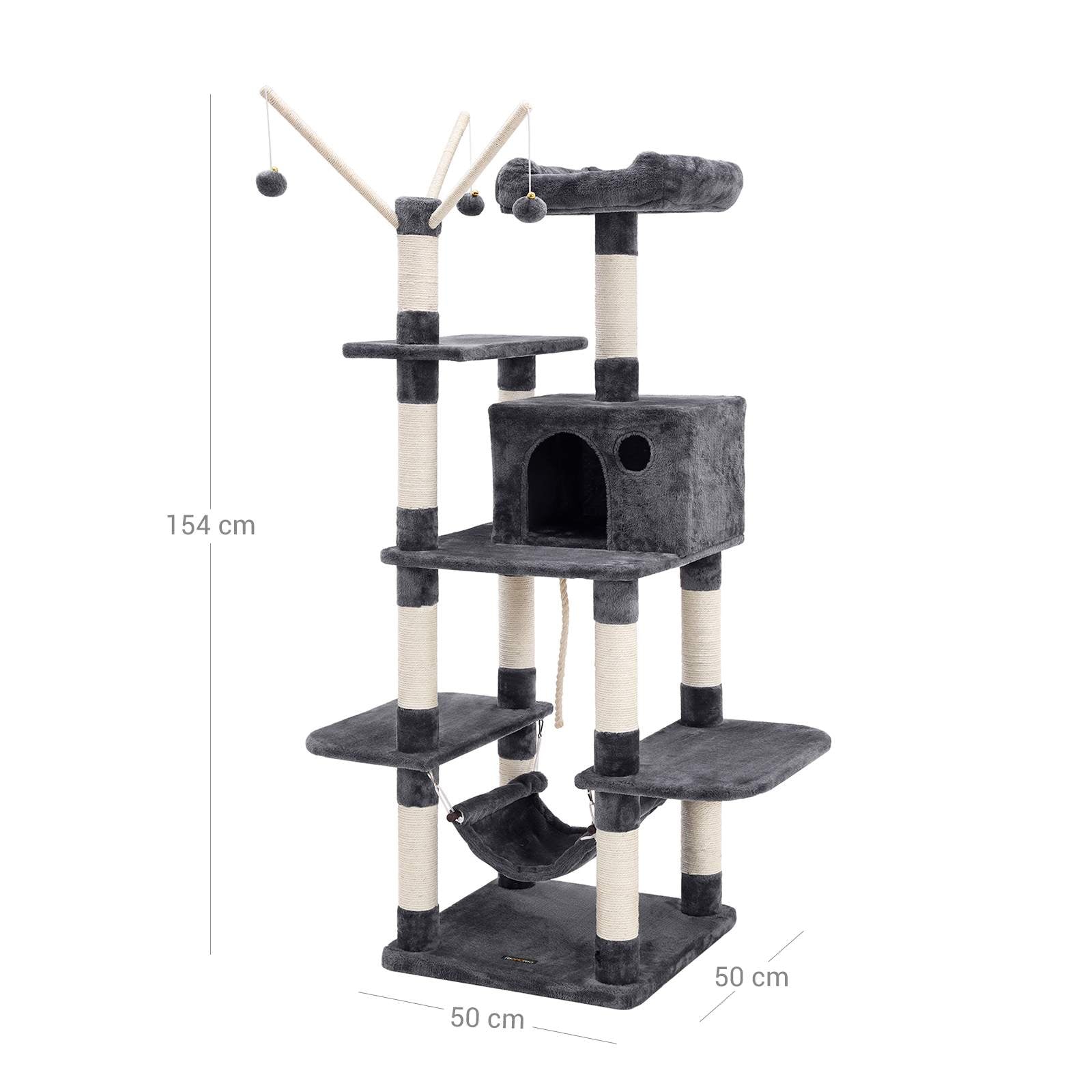 Cat Tree – Engineered Wood – Grey – Multi-Level with Hammock and Scratching Post