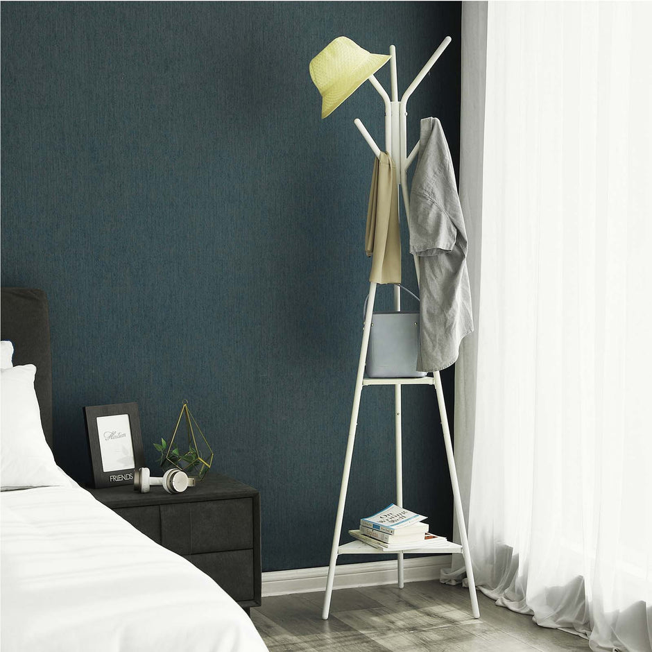 Coat Rack Stand – Faux Marble – White – Minimalist Design with 2 Shelves
