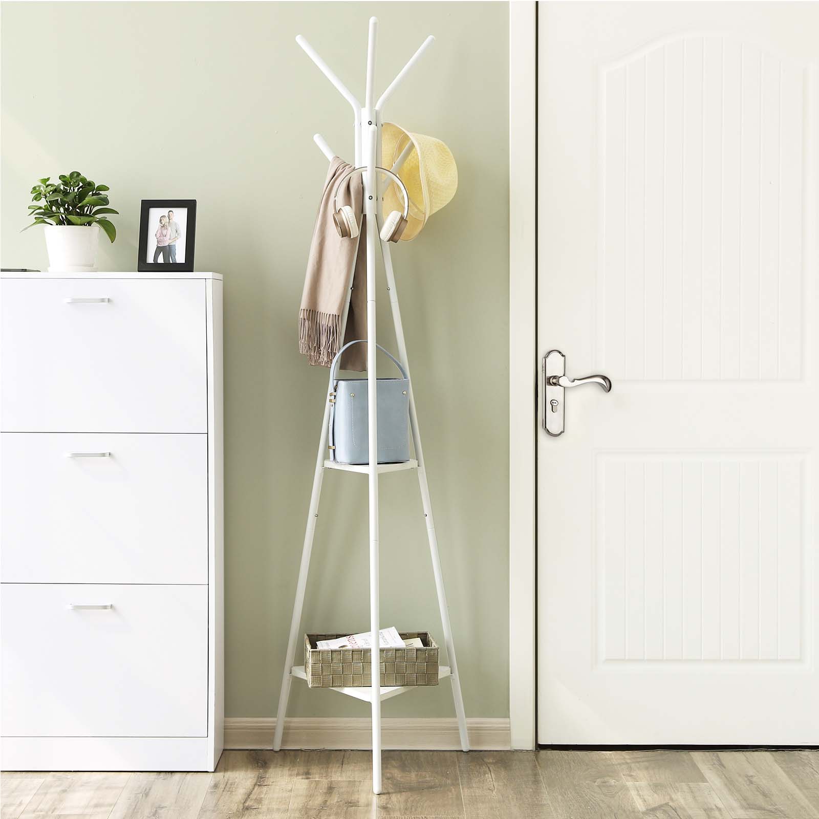 Coat Rack Stand – Faux Marble – White – Minimalist Design with 2 Shelves