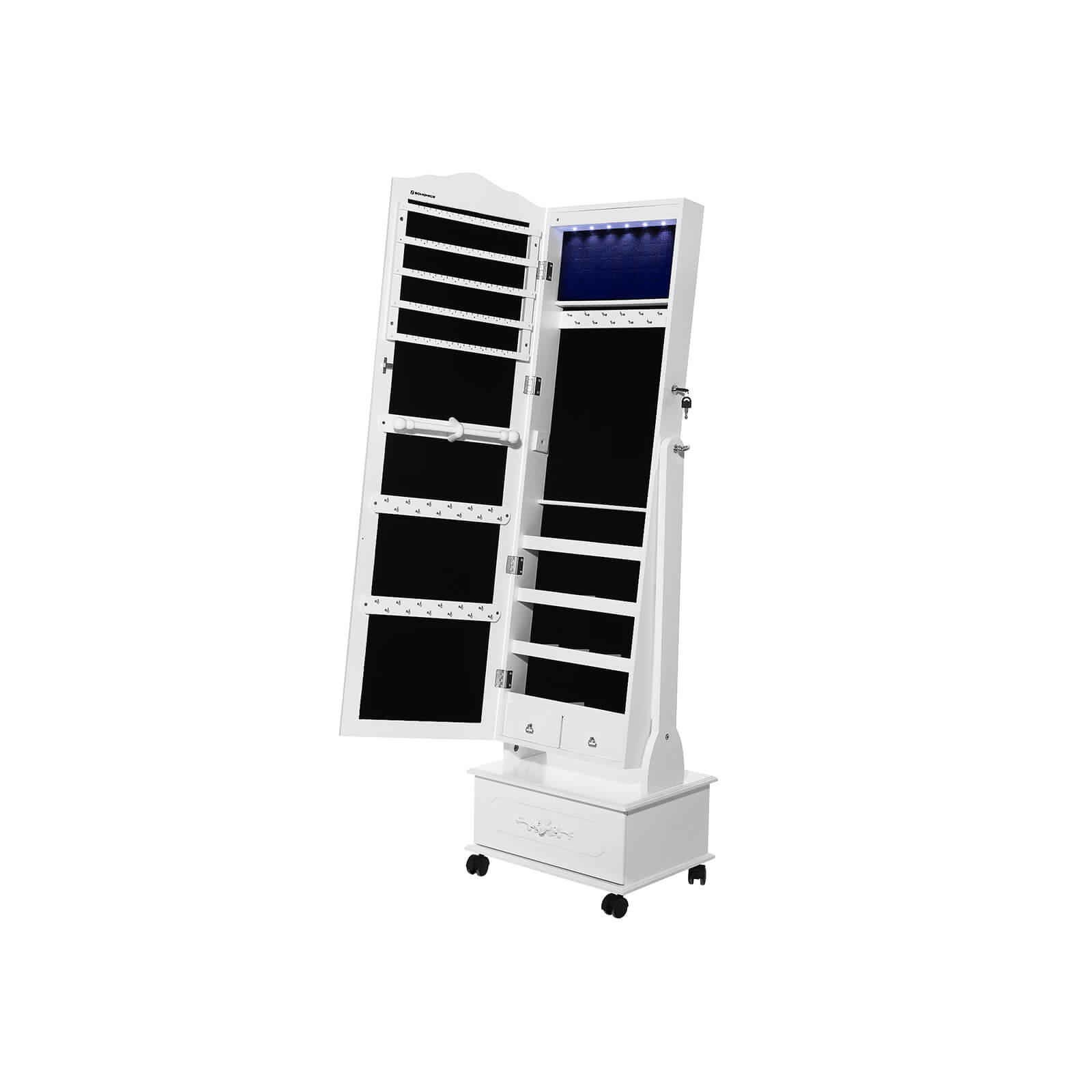 Jewellery Cabinet – Wood – White – Lockable with LED Light and Carving Design