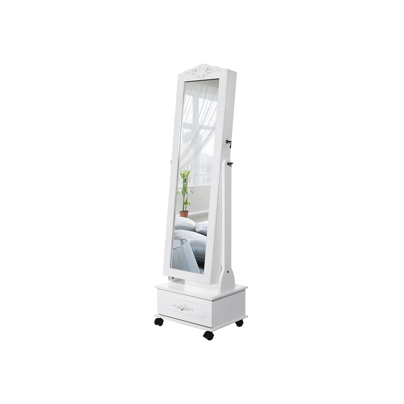 Jewellery Cabinet – Wood – White – Lockable with LED Light and Carving Design