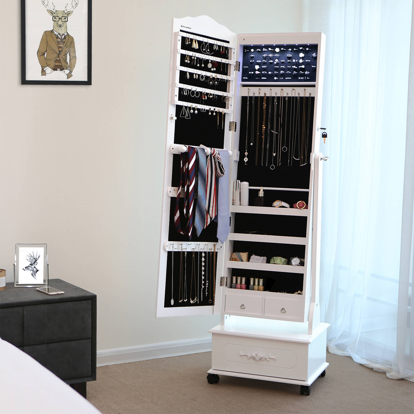 Jewellery Cabinet – Wood – White – Lockable with LED Light and Carving Design