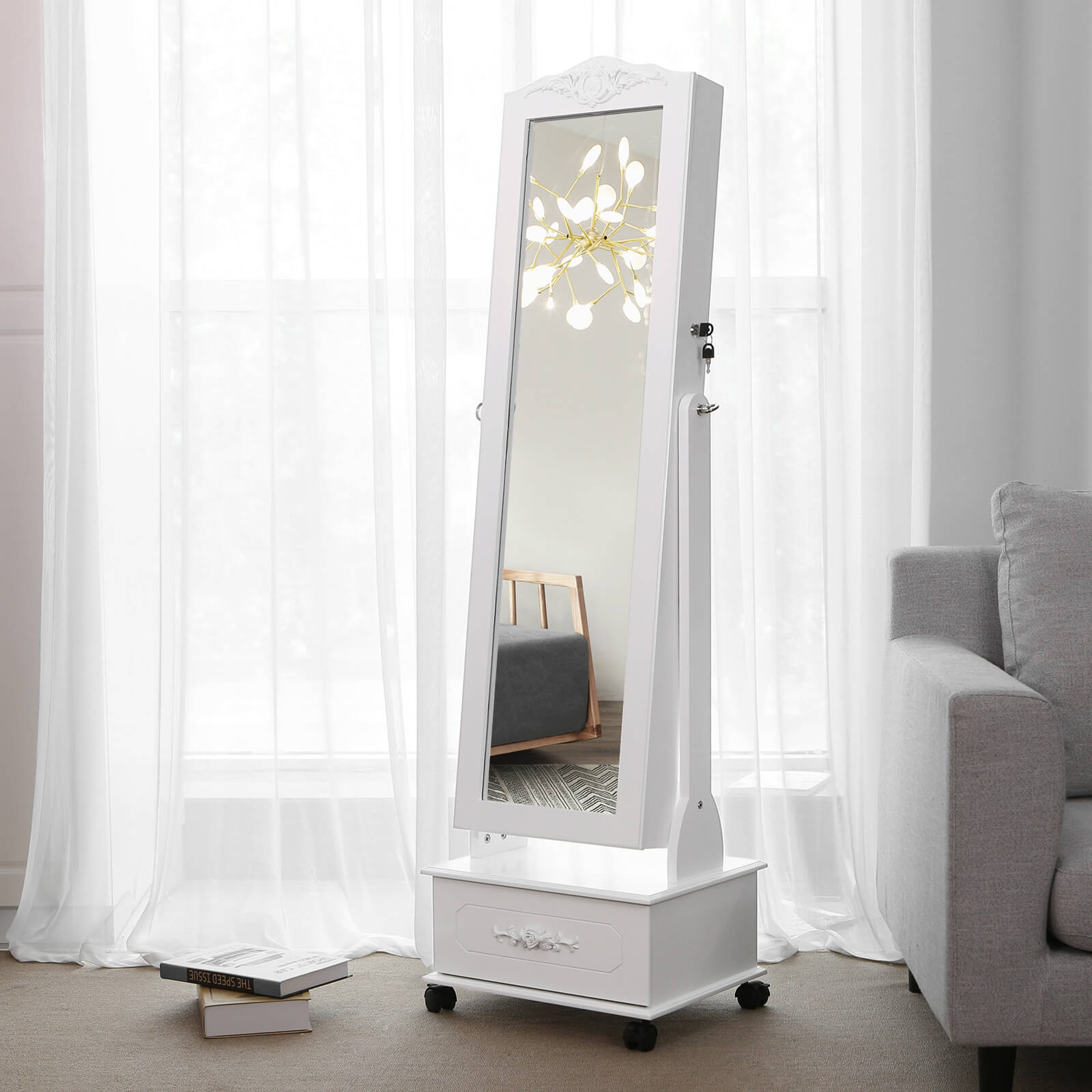 Jewellery Cabinet – Wood – White – Lockable with LED Light and Carving Design