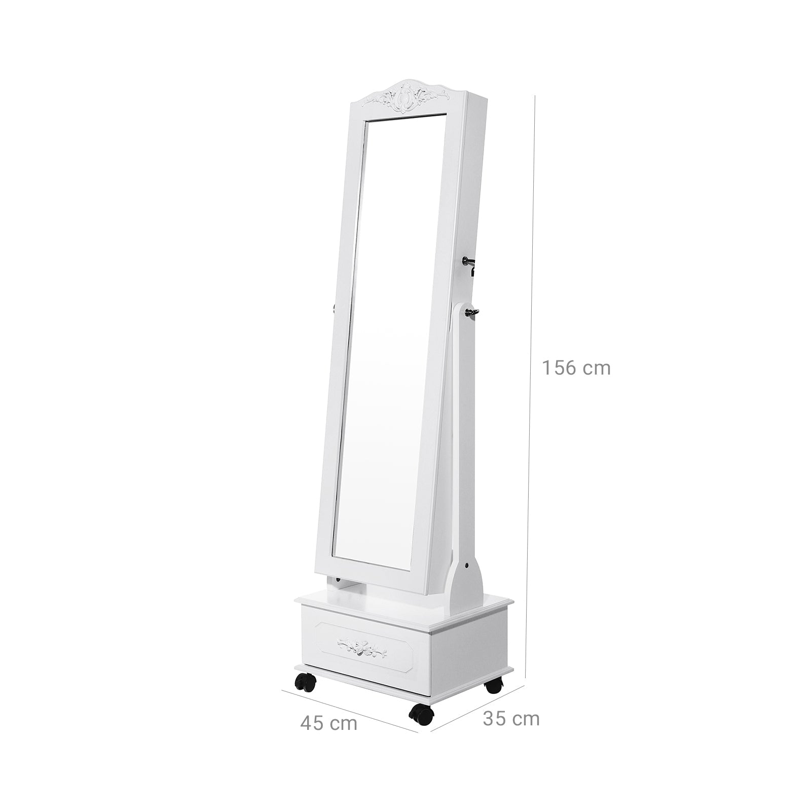 Jewellery Cabinet – Wood – White – Lockable with LED Light and Carving Design