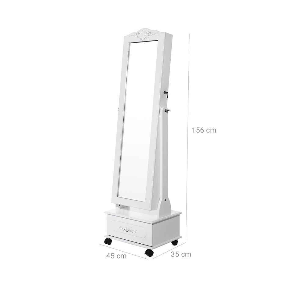 Jewellery Cabinet – Wood – White – Lockable with LED Light and Carving Design