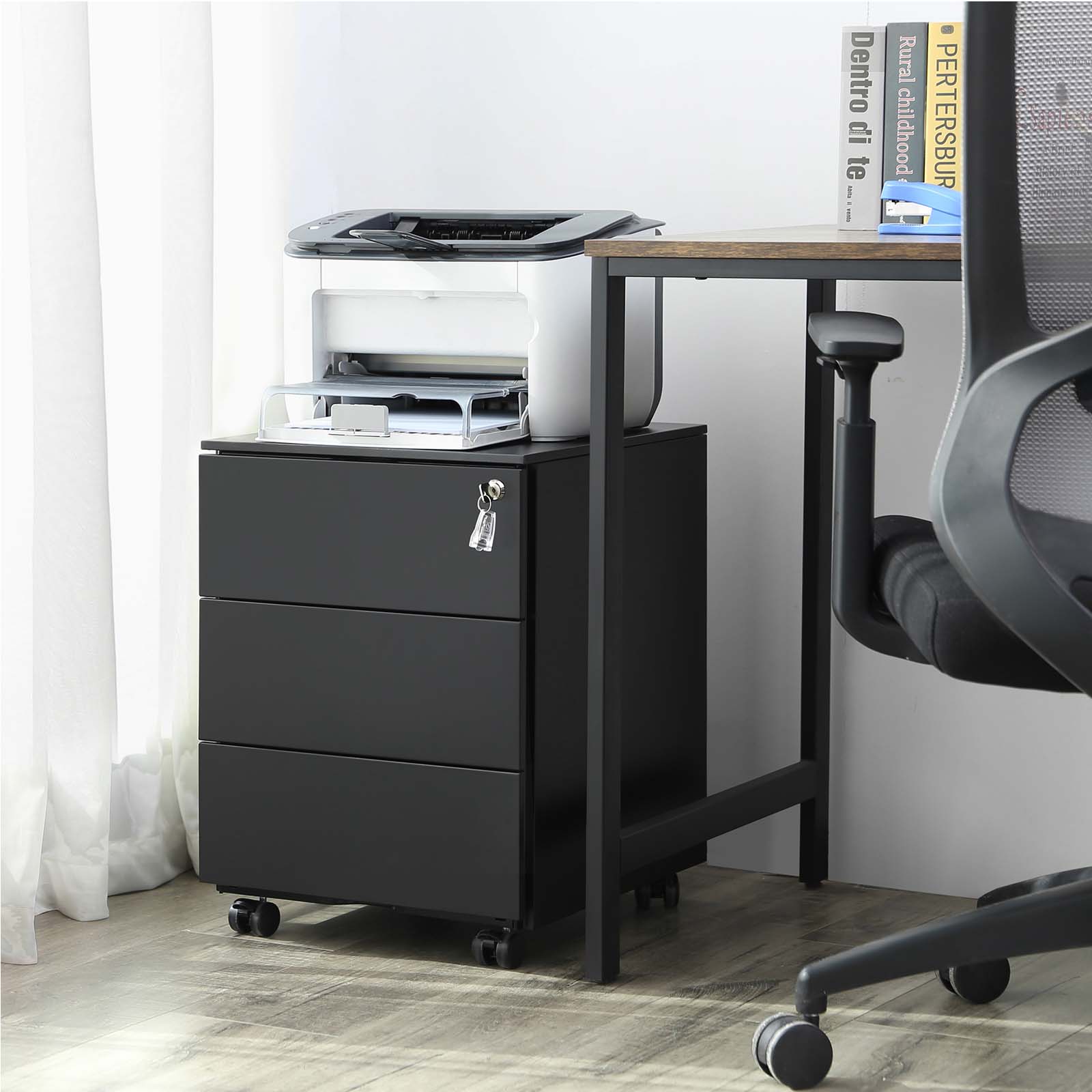 Mobile File Cabinet – Metal – Matte Black – Lockable with 3 Drawers