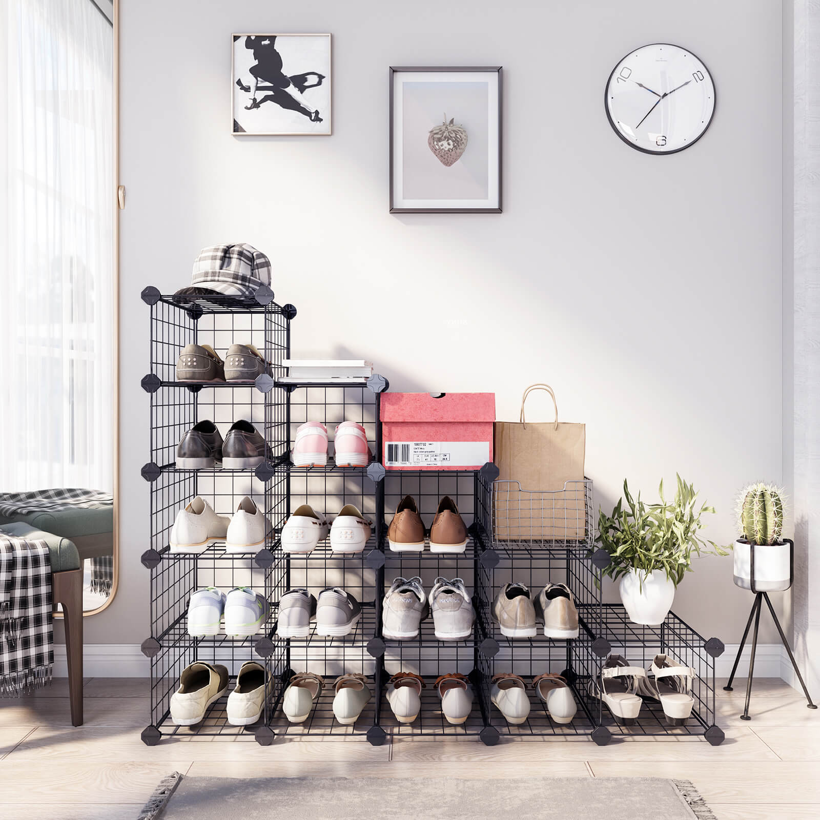 Modular Cube Shoe Organizer – Metal Wire – White – DIY Closet Cabinet with Modular Shelving Grids