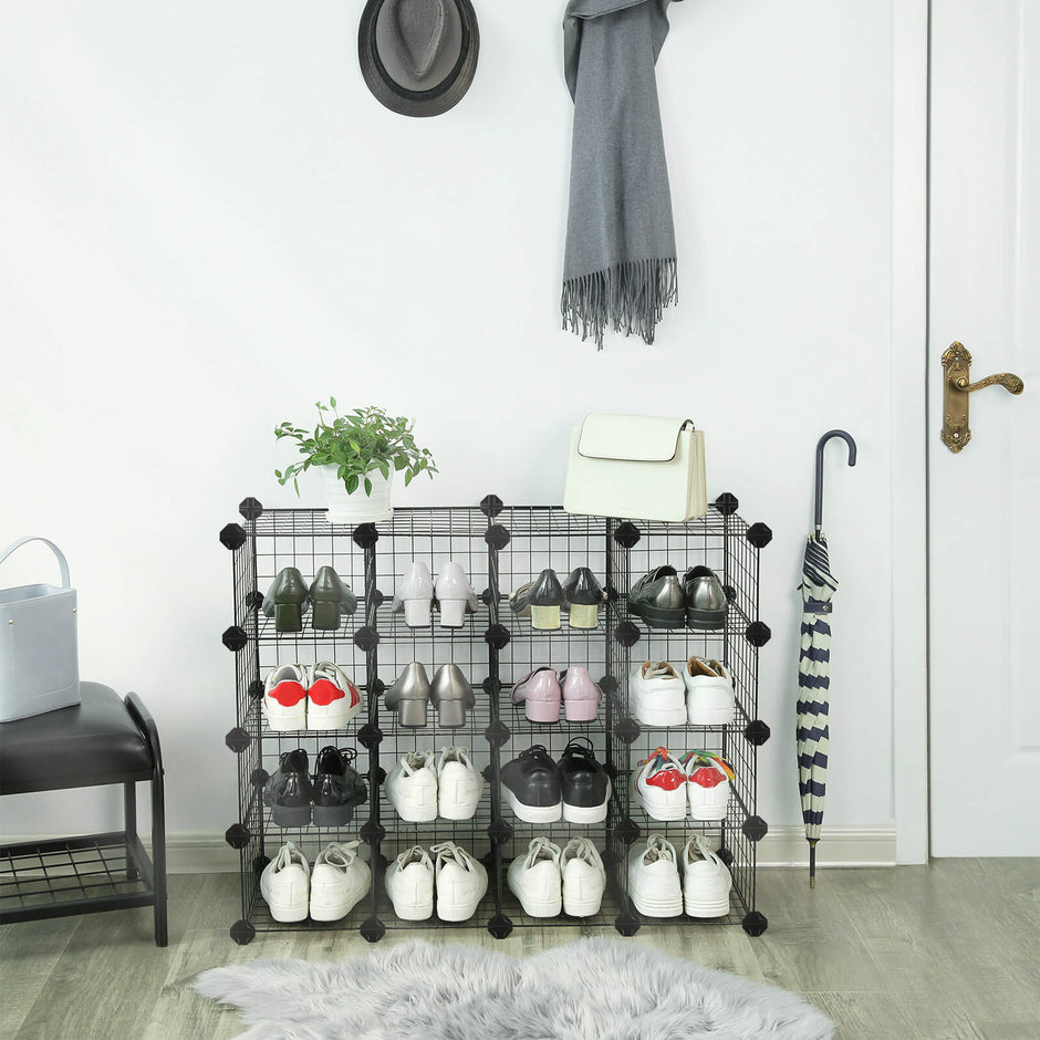 Modular Cube Shoe Organizer – Metal Wire – White – DIY Closet Cabinet with Modular Shelving Grids