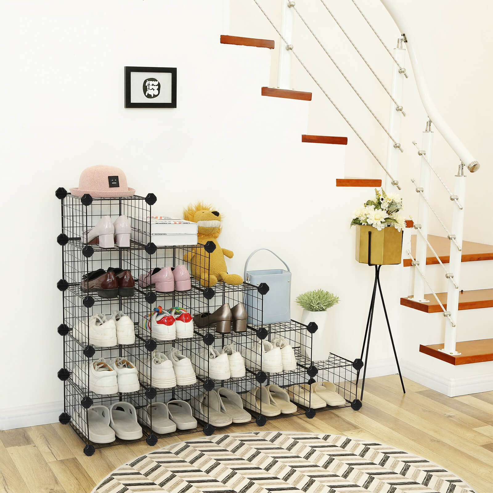Modular Cube Shoe Organizer – Metal Wire – White – DIY Closet Cabinet with Modular Shelving Grids