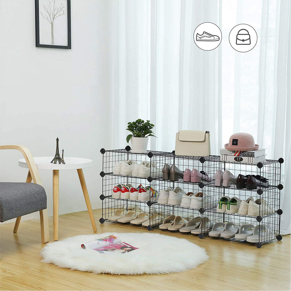 Modular Storage Shelf Unit – Metal Wire – Black – Interlocking Design for Entryway Closet